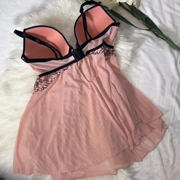 Auden Large Rose Push Up Babydoll Lingerie Coquette Pink Black Lace Underwire - Picture 11 of 14